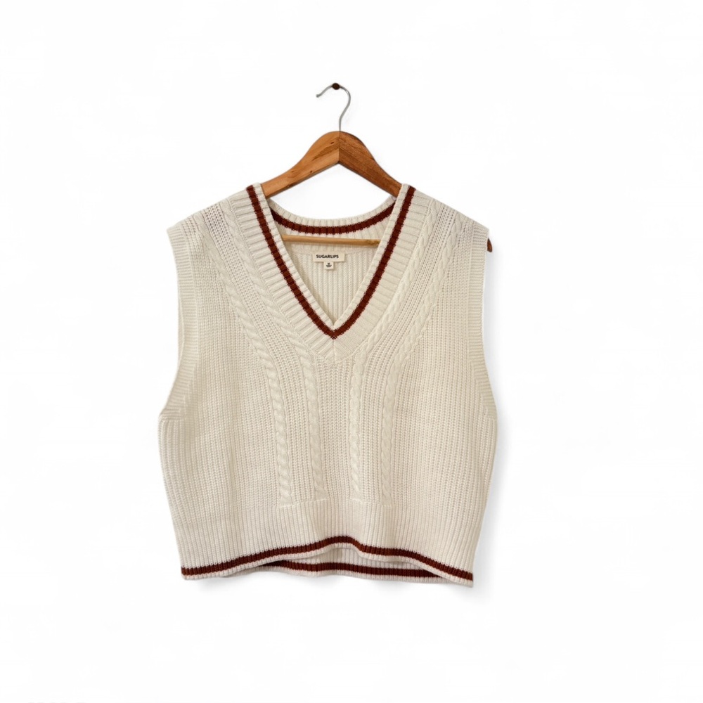 Sugarlips Cream and Brown V-Neck Sweater Vest